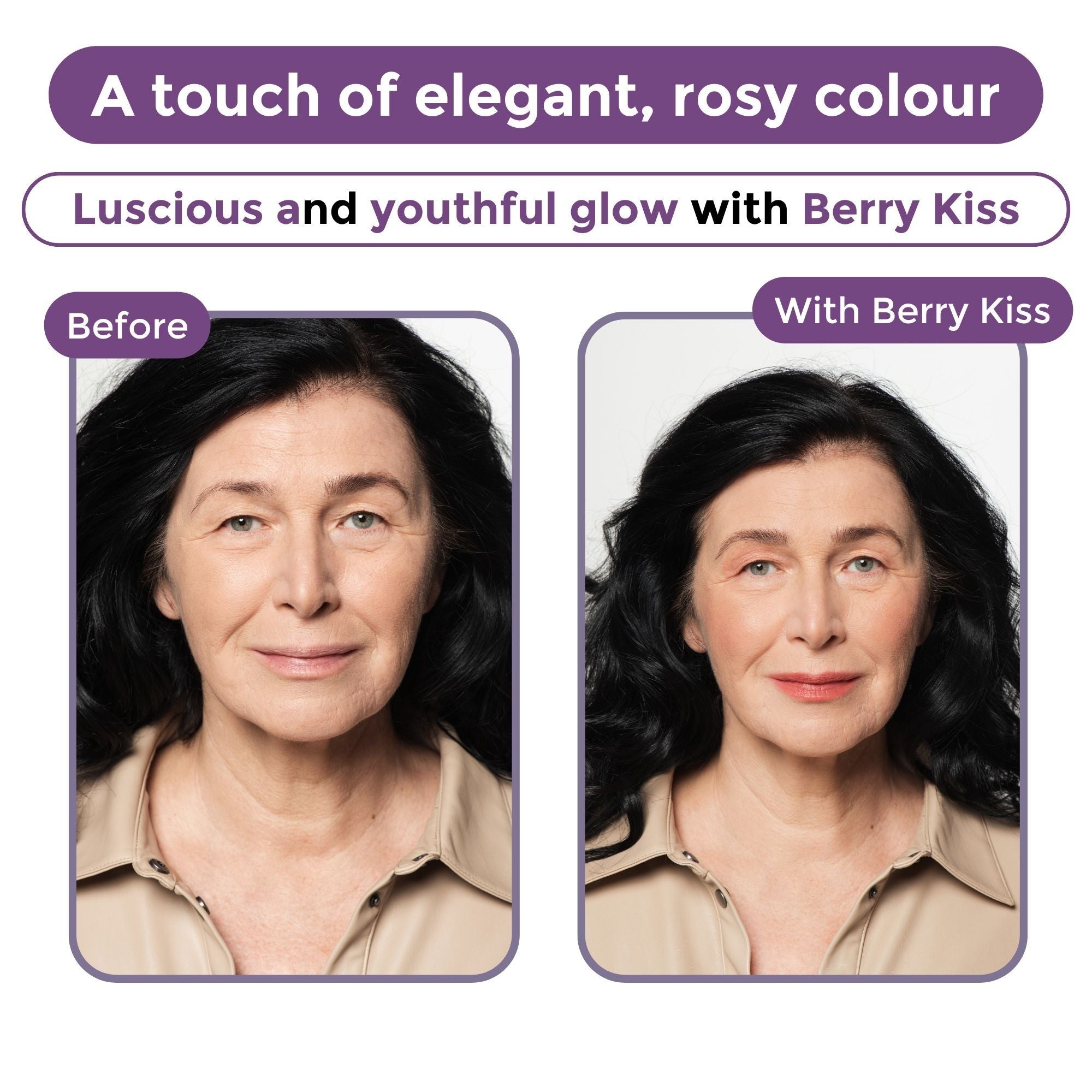 Before-and-after makeup comparison enhancing rosy glow with Berry Kiss product.