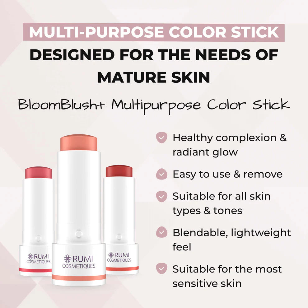 Advertisement for BloomBlush Multipurpose Color Stick by Rumi Cosmetiques, designed for mature skin.