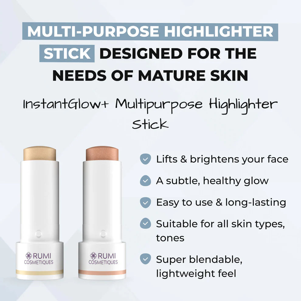 Two multipurpose highlighter sticks designed for mature skin with benefits listed next to them.