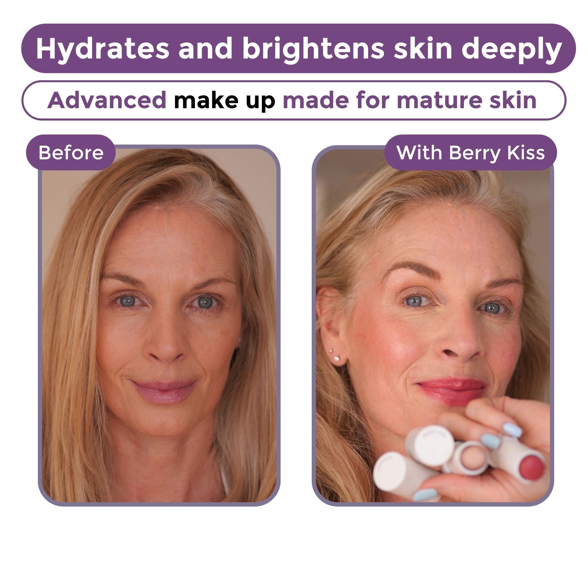 Before and after makeup application on mature skin with the product 'Berry Kiss.'