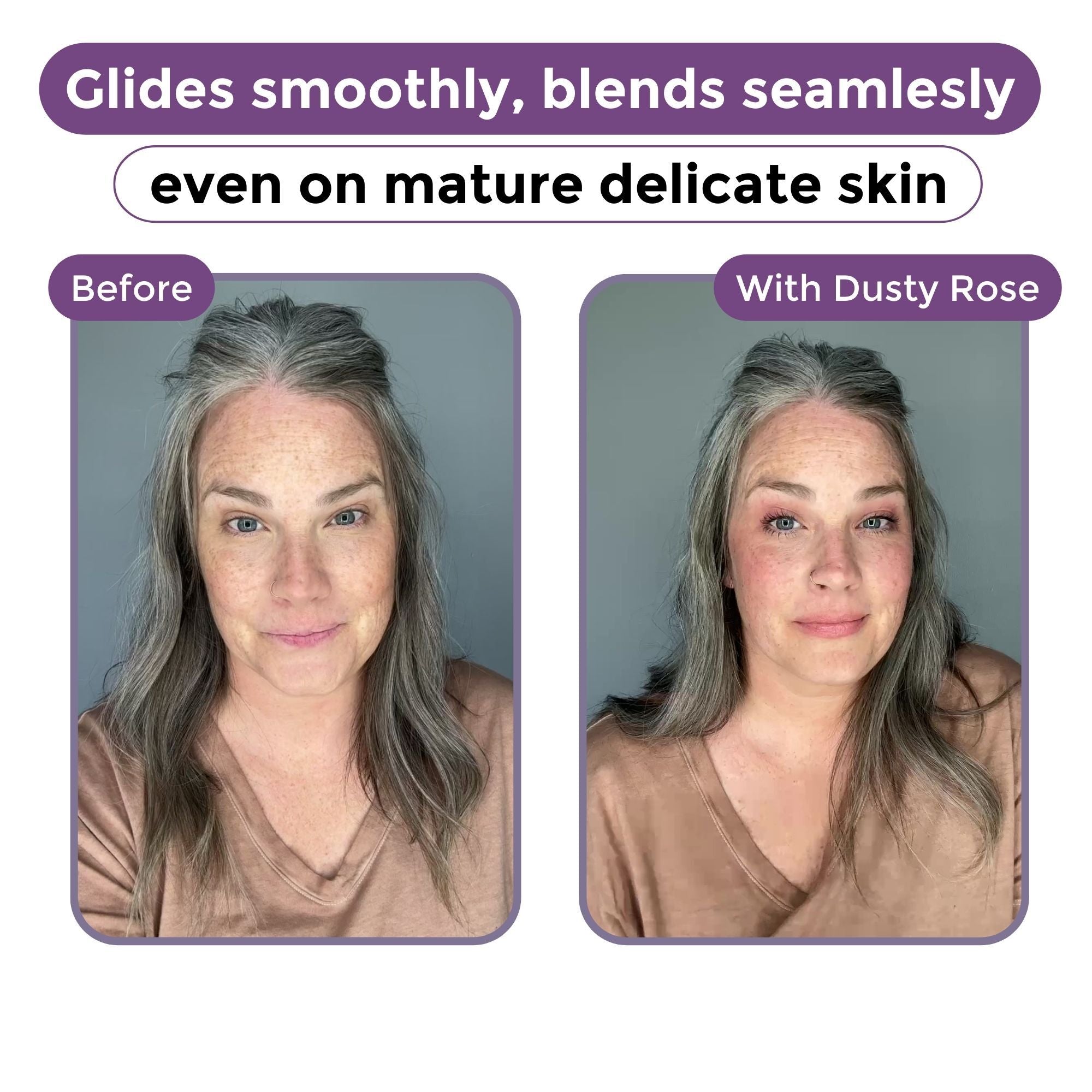 Before-and-after makeup demonstration on mature skin with Dusty Rose shade.