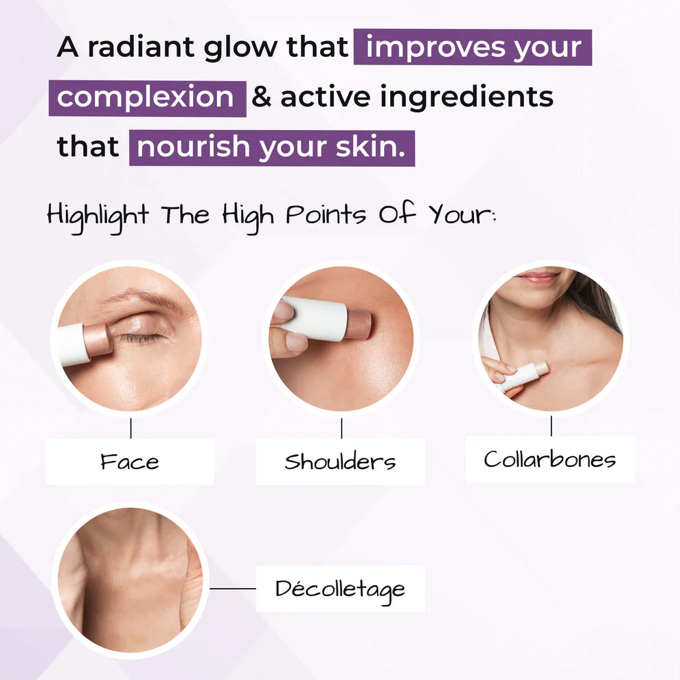 Guide on applying highlighter on face, shoulders, collarbones, and décolletage for radiant skin.