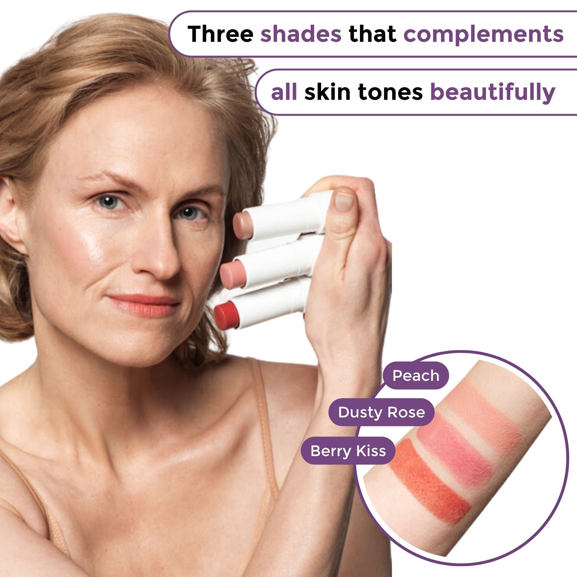 Woman holding three shades of lipstick: peach, dusty rose, and berry kiss, for all skin tones.