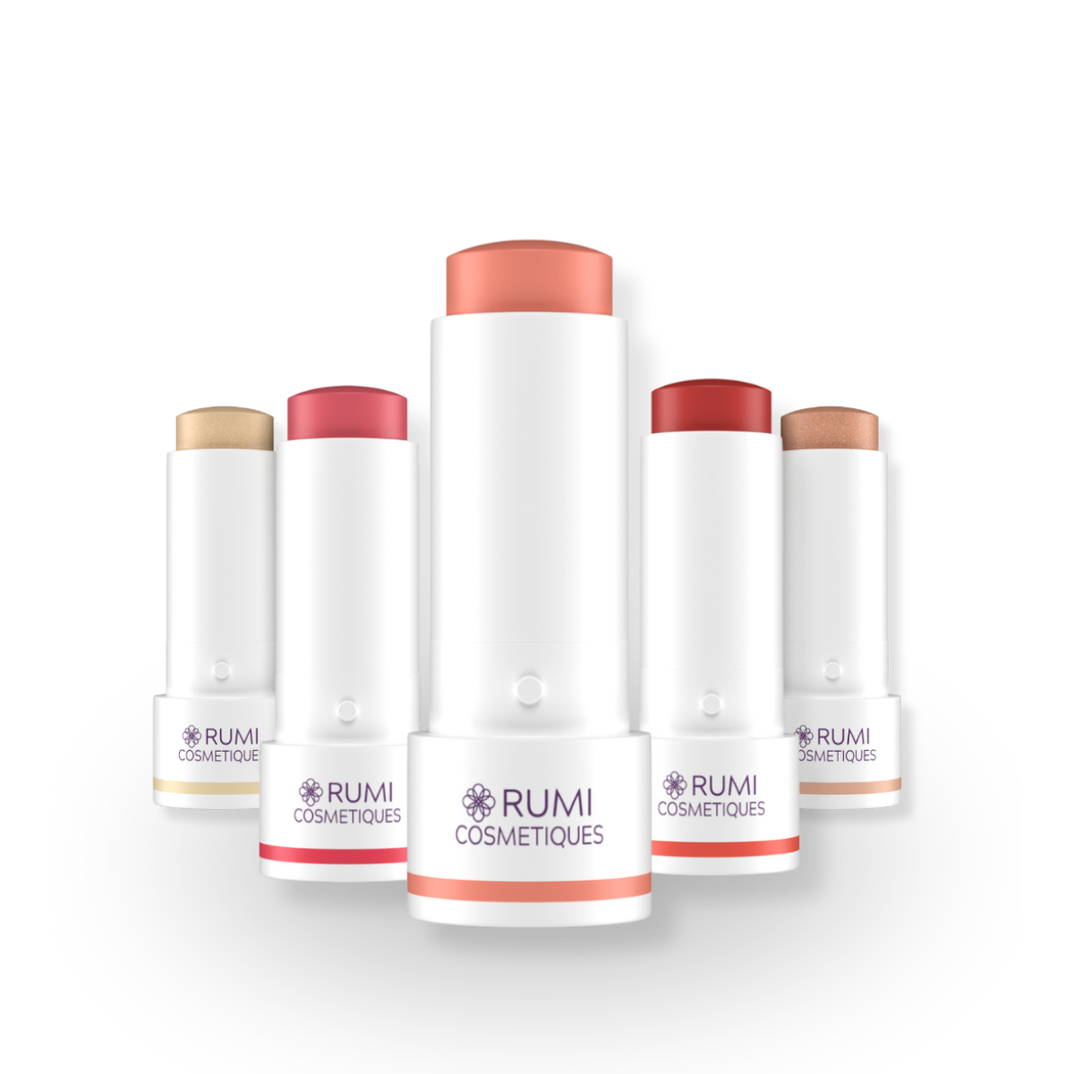 Five Rumi Cosmetiques lip balm tubes in different shades.