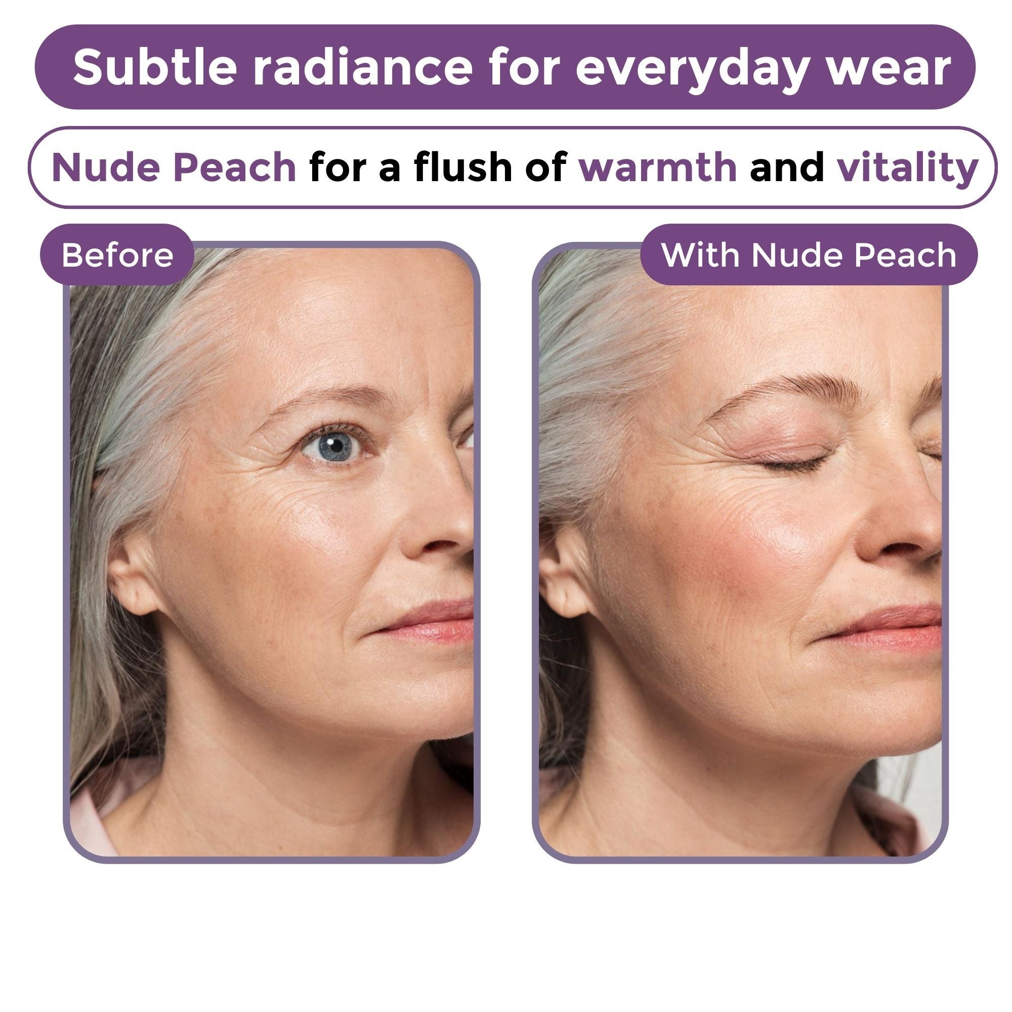 Side-by-side comparison of woman's face before and after applying Nude Peach makeup.