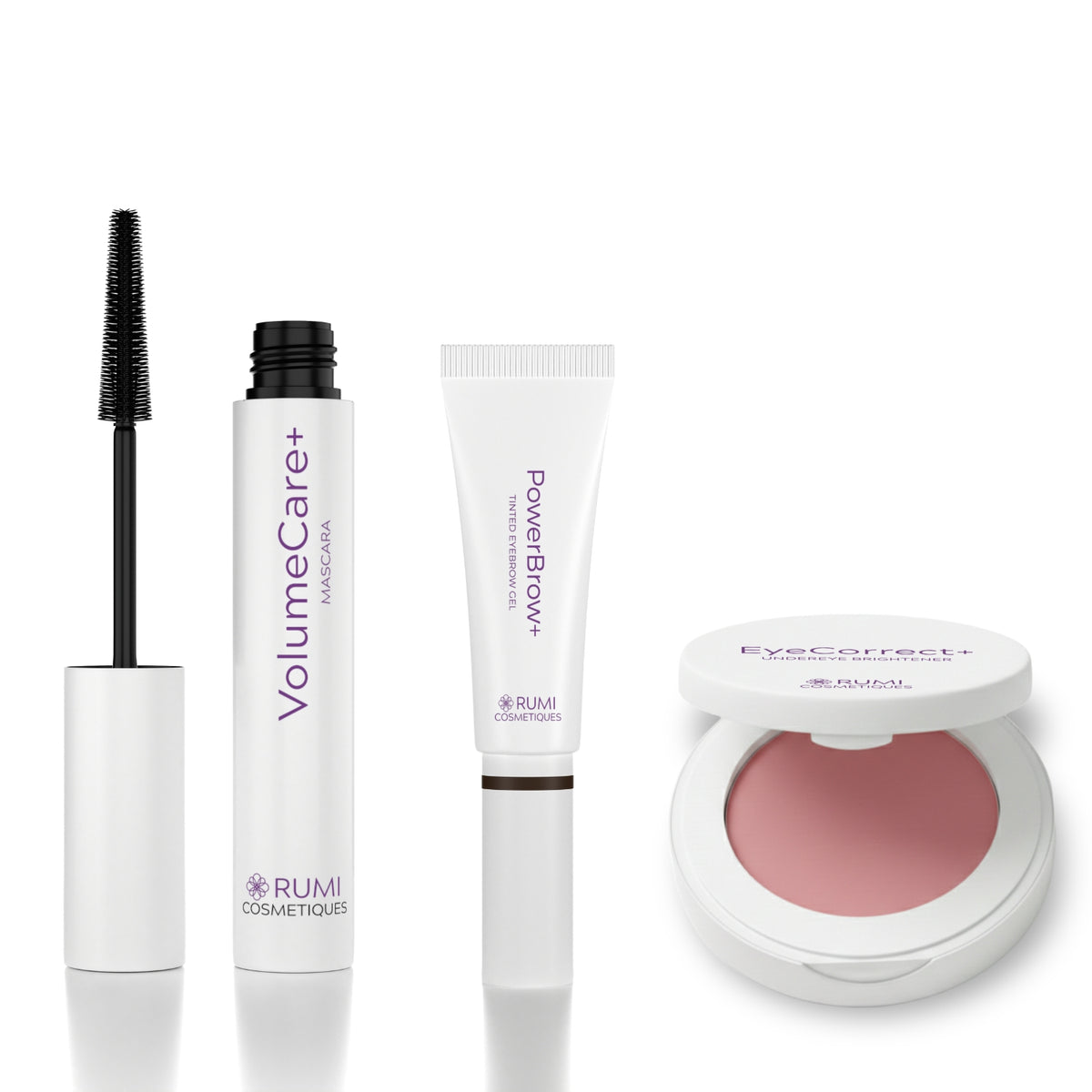 Rumi Heroes Set: VolumeCare+ Mascara, PowerBrow+ Tinted Eyebrow Gel and EyeCorrect+ Undereye Brightener