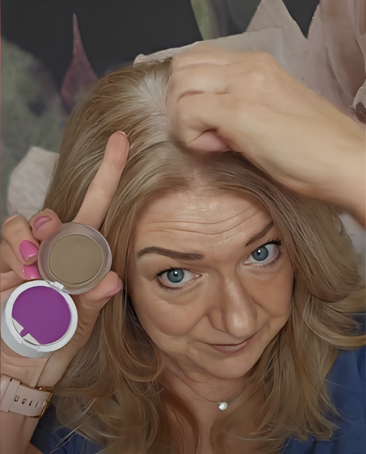 Woman applying HairMagic+ hair powder to cover grey roots and thicken hairlines